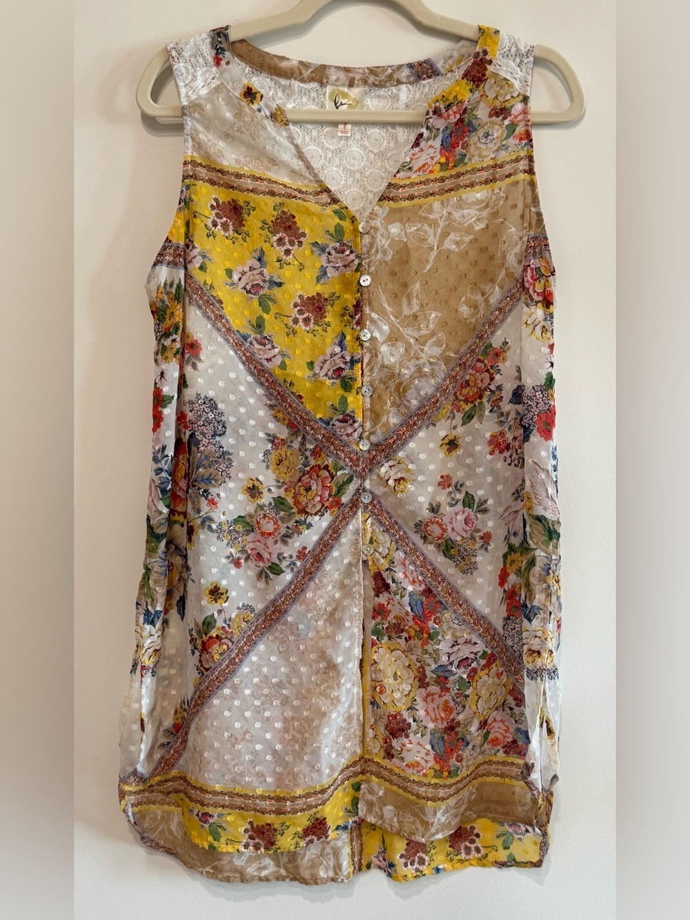 Anthropologie Fig & Flower Sleeveless Patchwork Floral & Lace Tunic Top Size L